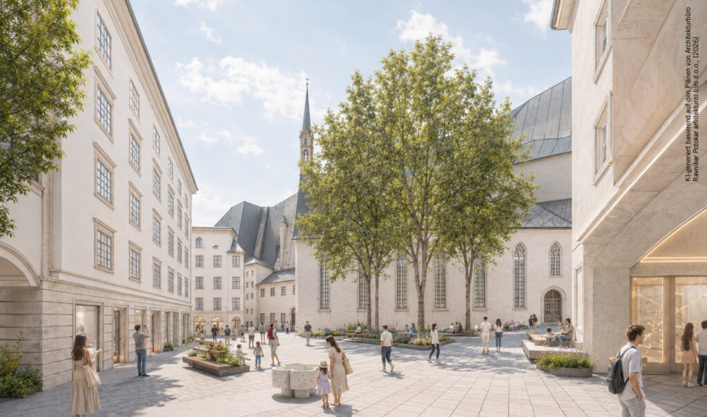Bürgerspitalplatz Salzburg, KI-generiert basierend auf den Plänen von Architekturbüro Ravnikar Potokar arhitekturni biro d.o.o., [2026]